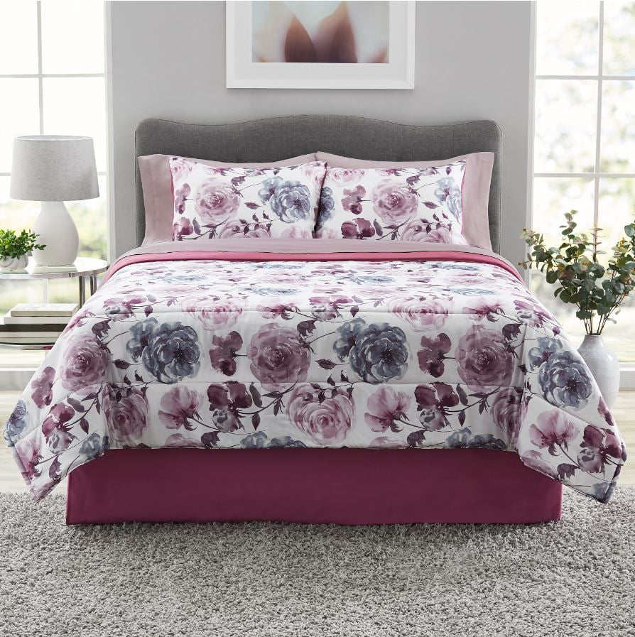 New Floral Print 3-Piece Queen Comforter Set Purple & Beige Colors 