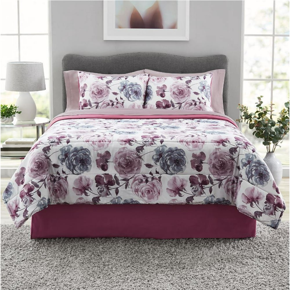 Mainstays Purple Floral Complete 6 Piece Bed in a Bag Bedding Set, Twin