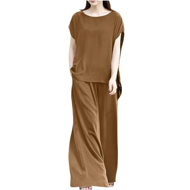 PENGXIANG Ensemble d'Été 2 Pcs pour Femmes, Ensemble Décontracté, Couleur Unie, Col Rond, Pantalon Large
