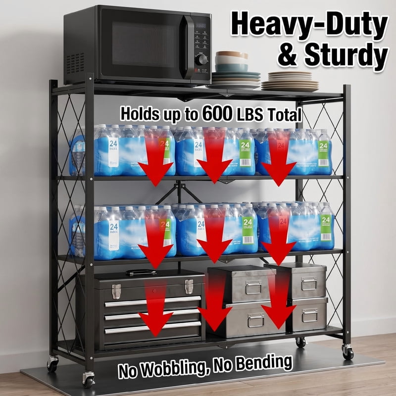 4-Tier Foldable Storage Shelves with Wheels, Heavy Duty Metal Rolling Cart Shelf, No Assembly Collapsible Shelving Unit for Kitchen, Garage, Laundry Room, Black