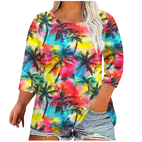 CYMMPU Business Work Blouses Plus Size Tunic Tops Vintage Crewneck Summer Fall Shirts Basic Tees Floral Printed 3/4 Length Sleeve 2025 Clothes for Women Hot Pink XXXXL