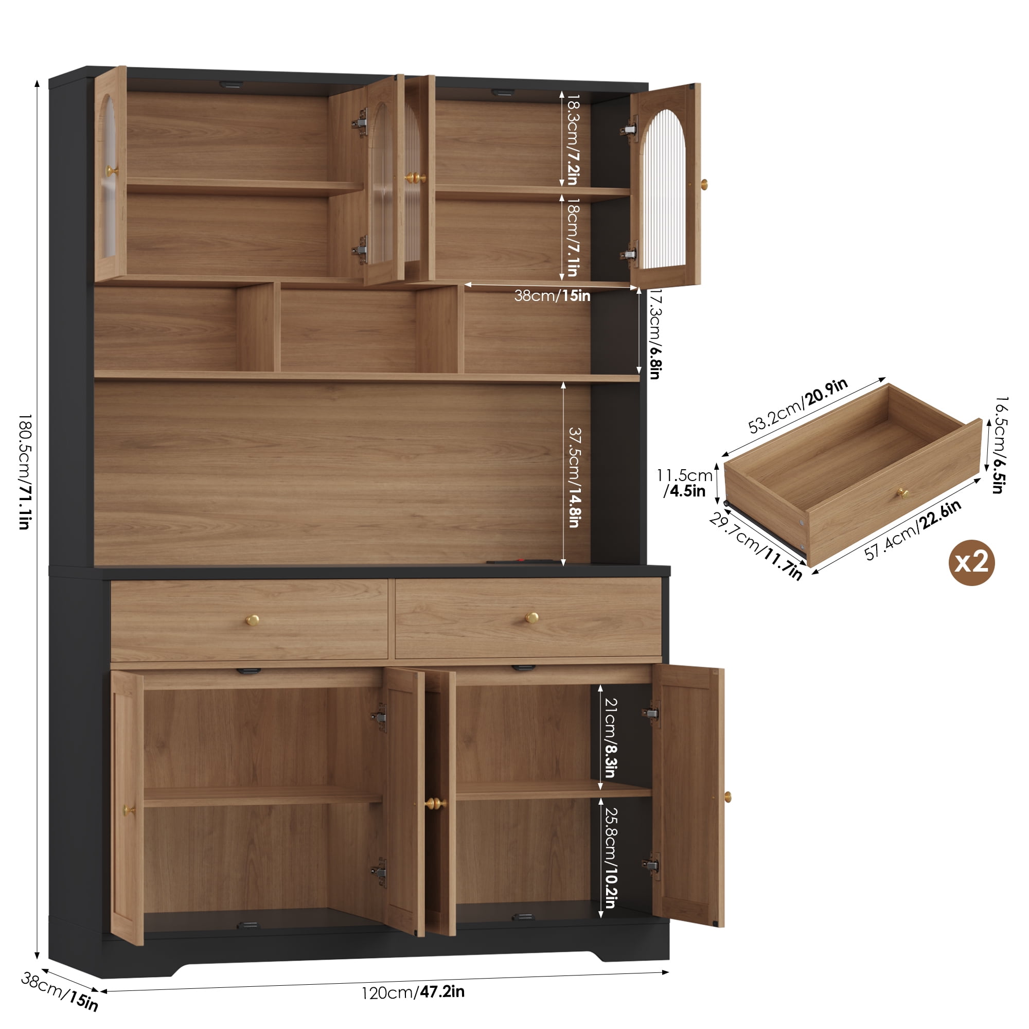 Hiphuta 71" Tall Pantry Cabinet with Arched Glass Doors, 47" Wide Kitchen Storage Cabinet with Microwave Stand & Charging Station, Hutch Cupboard for Kitchen Dining Room, Oak