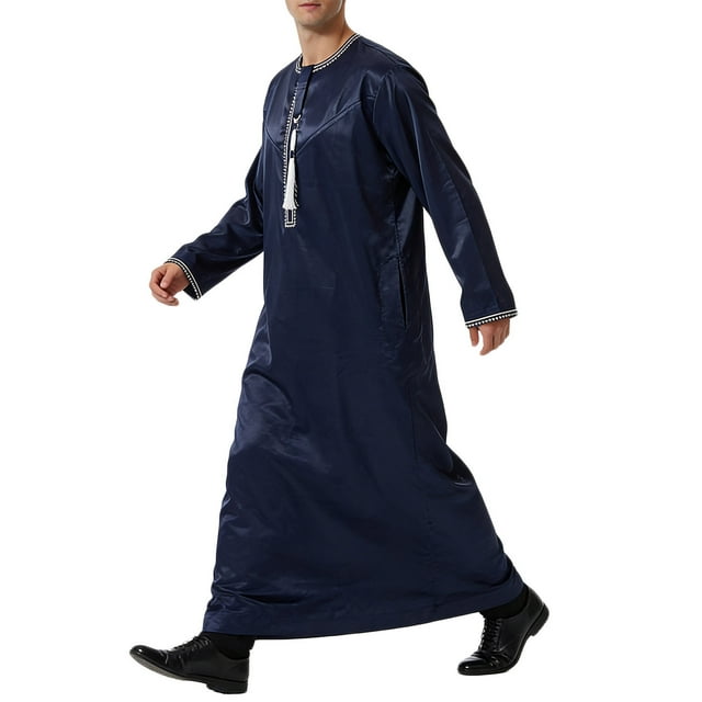 RXMEKW Long Sleeve Thobe for Men with Neck Zipper and Pocket, Arabic Style Casual Robe in Solid Color