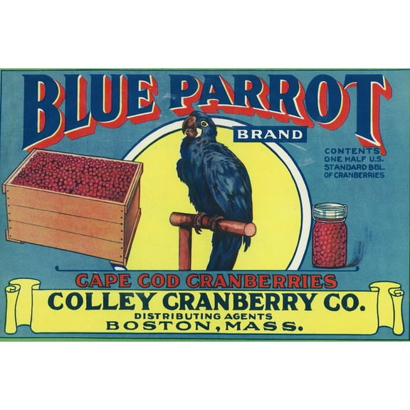 Art.com Boston, Massachusetts, Blue Parrot Brand Cape Cod Cranberry Label Art Print by Lantern Press, 18" x 12"