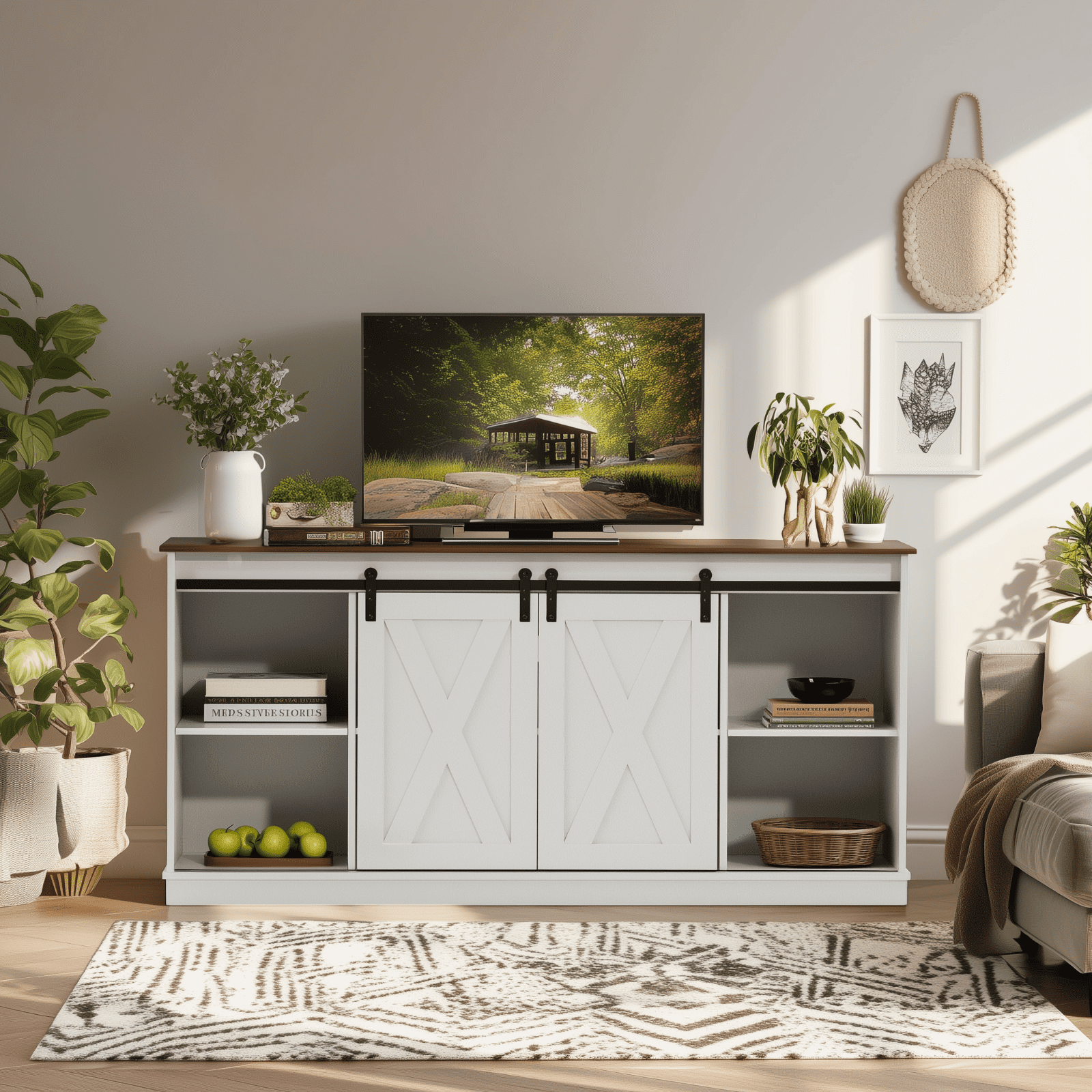 Aukfa TV Stand for TVs up to 65", Entertainment Center with Storage Cabinets and Sliding Barn Doors, for Living Room Bedroom,White