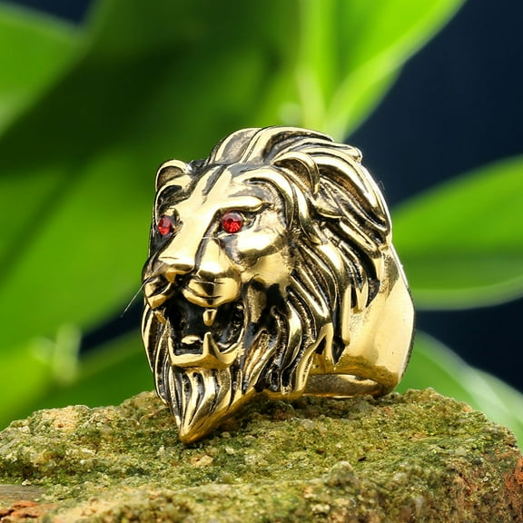 Lordluxury New Men Gothic High Quality 14 Gold Punk Lion Rings For Mens Animal Lions Jewelry