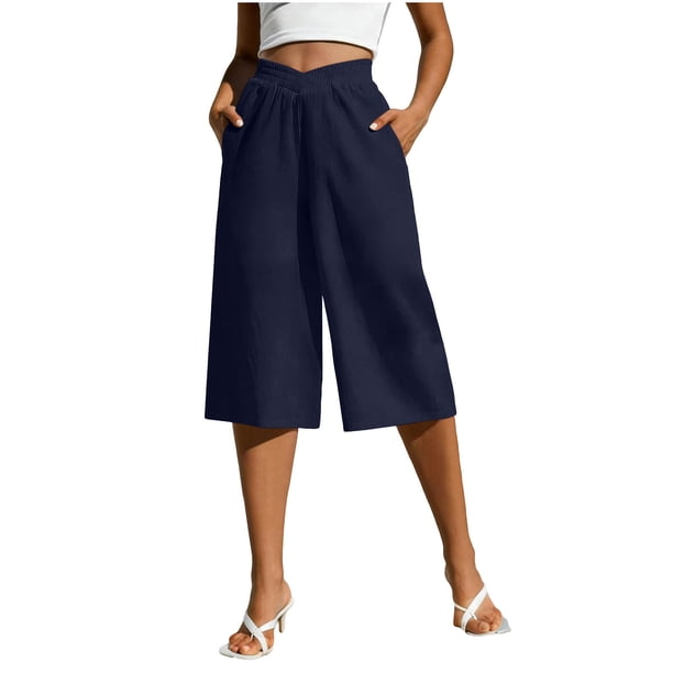 Pantalones de Pierna Recta de Lino para Mujeres Verano Suelto Color Sólido Cintura Elástica con Bolsillos Pantalones de Pierna Recta Casual
