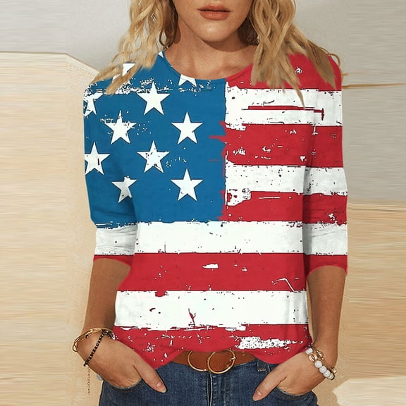 Vetsdori Red White and Blue Shirts for Women Fourth of July Plus Size 3/4 Sleeve Pullover Summer Crew Neck Casual,American Flag Independence Day Juniors Tops Graphic
