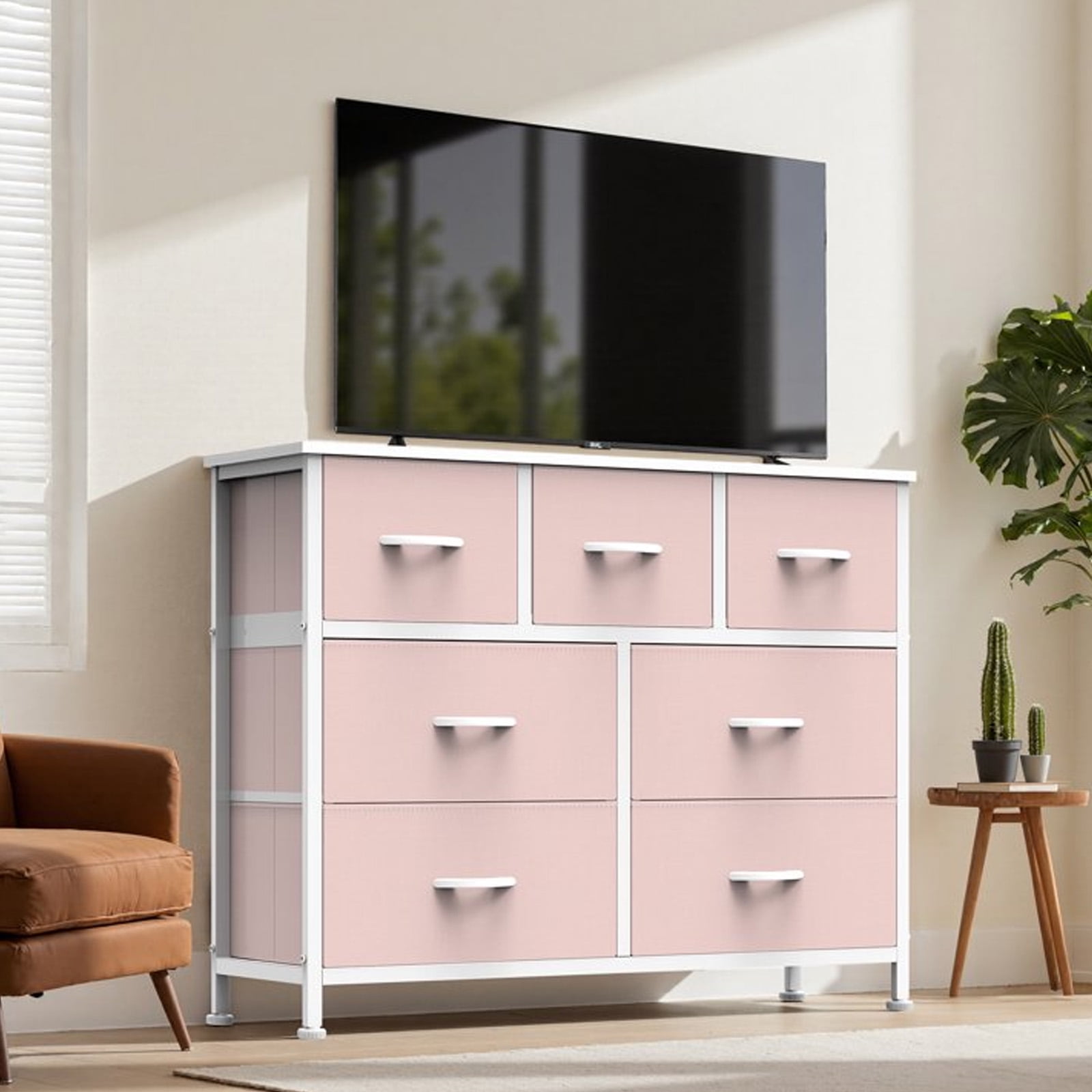 Nextay 7-Drawer Fabric Dresser TV Stand for 45" TV, Storage Dresser Closet with Steel Frame & Wooden Top for Living Room, Dressing Room, Entryway, Pink