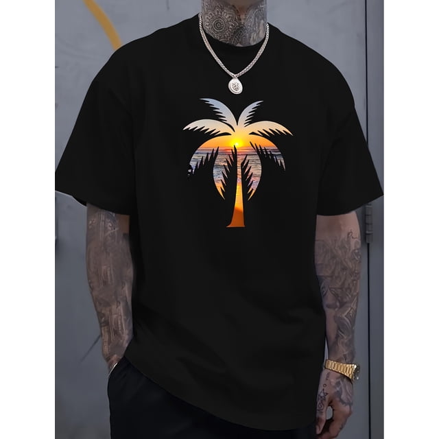 Camiseta de algodón con estampado de cocoteros al atardecer: 1 camiseta informal de algodón de verano para hombre. Estampado de cocoteros al atardecer, cuello redondo, manga corta, ligeramente elástic
