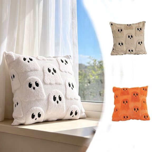 AZXY Halloween Throw Pillow Covers 18"x18", Neutral Plush Ghost Farmhouse Fall Sofa Bedroom Indoor Square Cushion Covers Cute Spooky Season Halloween Autumn Home Decor, Orange