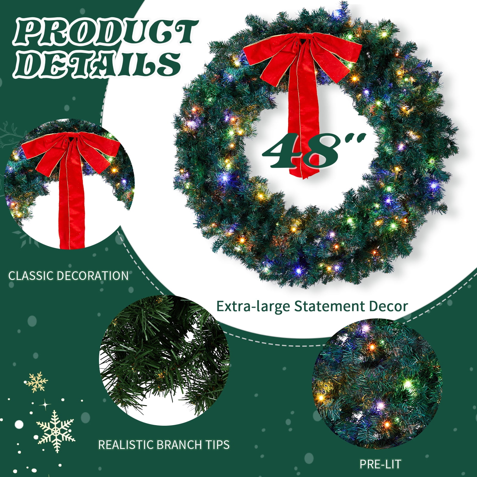 46in Pre-lit Christmas Wreath, Lighted Artificial Xmas Wreath with 150 Warm & Multi-color Lights and 450 PVC Tips, Remote Control Stepless Dimming, for Front Door Gate Wall Xmas Party Decorations