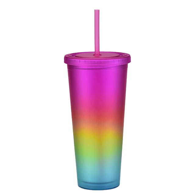 Taza de plástico con pajita de doble capa, color arcoíris de 700ml, taza práctica helada para bebidas