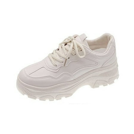 

Women‘s Platform Round Toe Sneakers Solid Color Non-slip Lace-up Sports Shoes Casual Walking Shoes