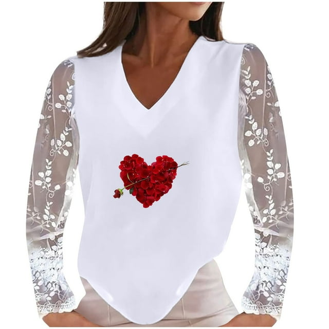 Women`s Multiple Color Soft Flowy Smooth V-neck Lace Edge Printing Long Sleeve Polyester Splice Top(White,L)