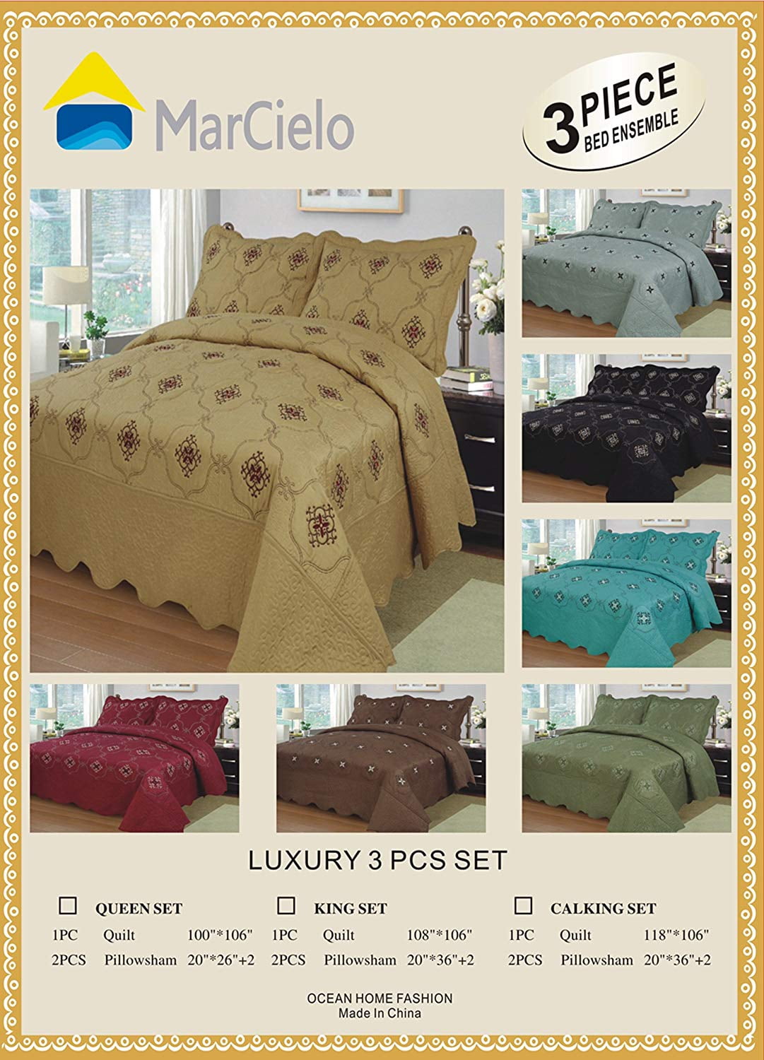 MarCielo 3-Piece Fully Quilted Embroidery Quilts Bedspreads Bed Coverlets Cover Set, Burgundy, Brown, Emma(Queen Size, Taupe)