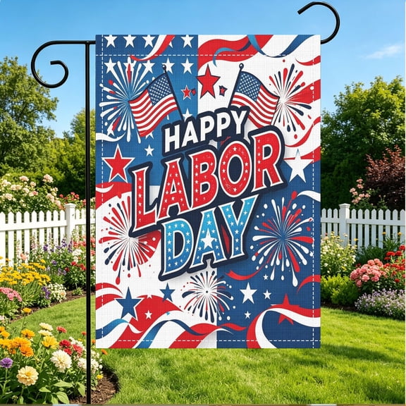 Double Sided 2D Printed Happy Labor Day Patriotic Fireworks American Stars Garden Flag, 12x18 Inch No Flagpole, Front Porch Yard Labor Day Seasonal Holiday Gift Thanksgiving Christmas