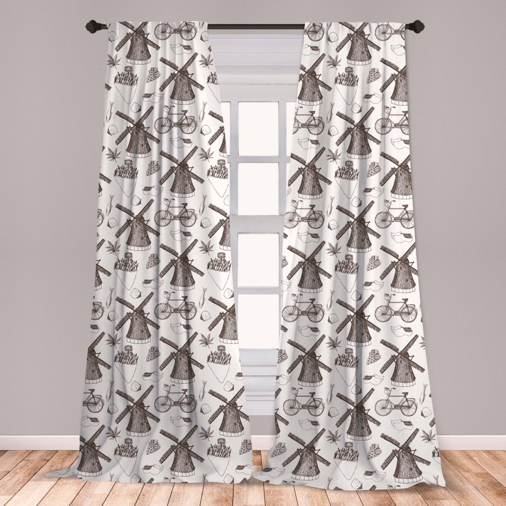Dutch Curtains 2 Panels Set, Traditional Netherlands Illustration with