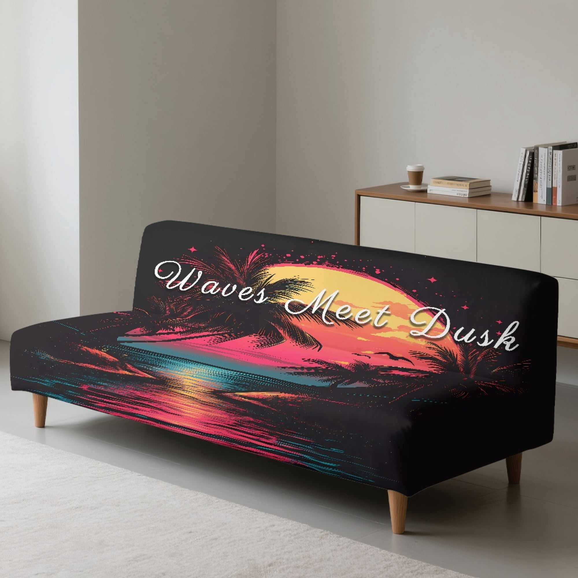 ZIATUBLES Beach Sunset Stretch Sofa Slipcover Armless Futon Cover Full Queen Size Furniture Protector Elastic Polyester Spandex Folding Couch Shield Sofa Cover