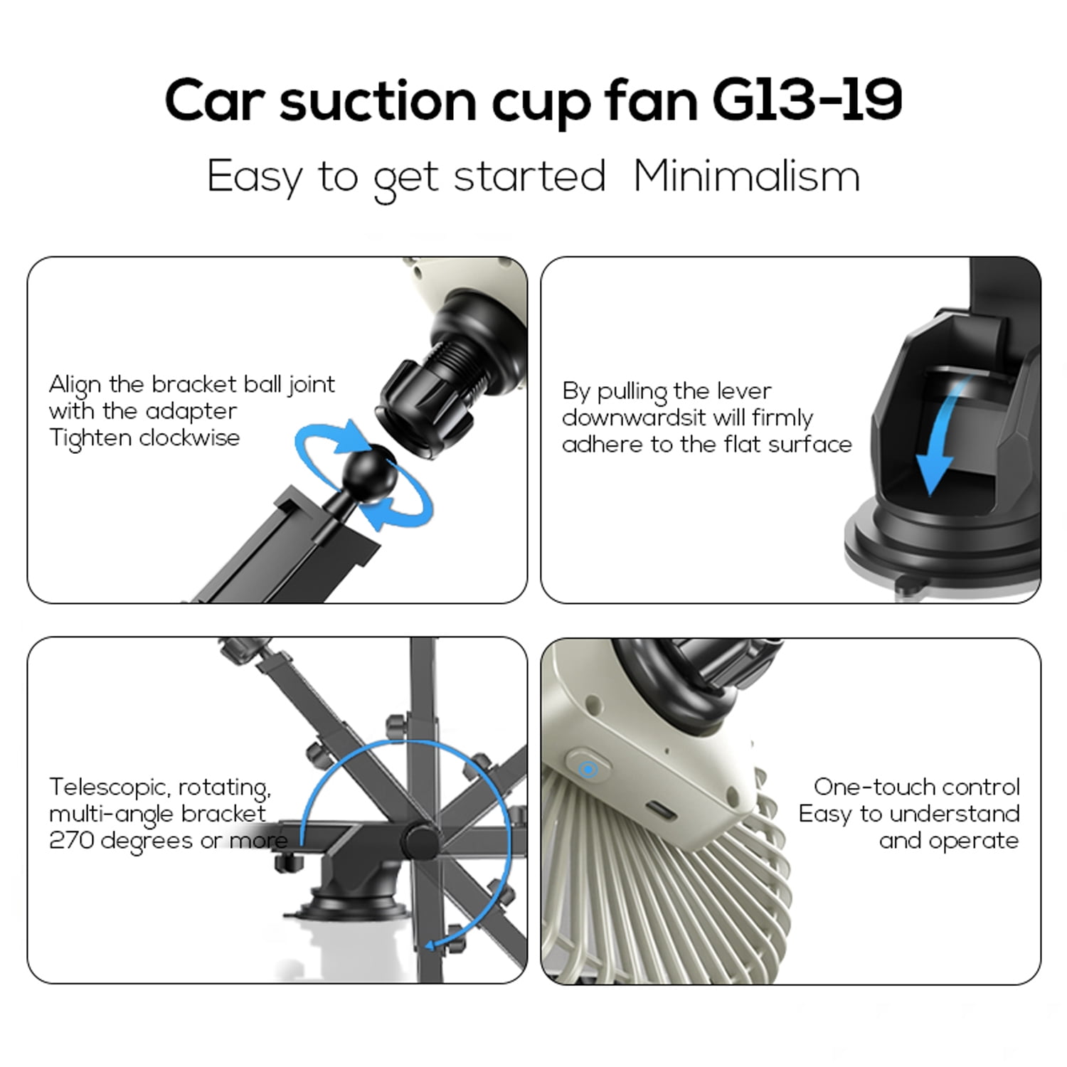 Car Fan, Rechargeable Car Fan with 3 Speeds, Low Noise, Strong Magnetic/Vacuum Suction Cup, No Trace Removable, Car Suction Cup Fan for Vehicle Truck Suv Car Van Rv Pickup