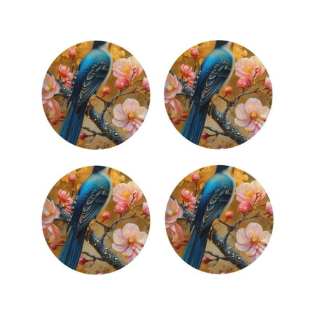 

Honeii Bluebird Blossom Elegance Print Leather Coaster Set of 4 Ideal for Safeguarding Your Furniture from Drinks Spills and Effortless Cleanup-Round Shape