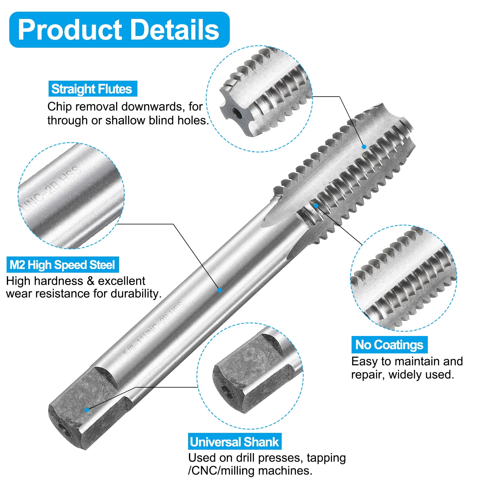 Uxcell Tap and Drill Bit Set, 1pcs 5/8-11 UNC Straight Flute Thread Screw Taps 100mm Extra Long & 1pcs 13.5mm Twist Drill Bits 160mm Extra Long, Tapping Threading Tool Kit