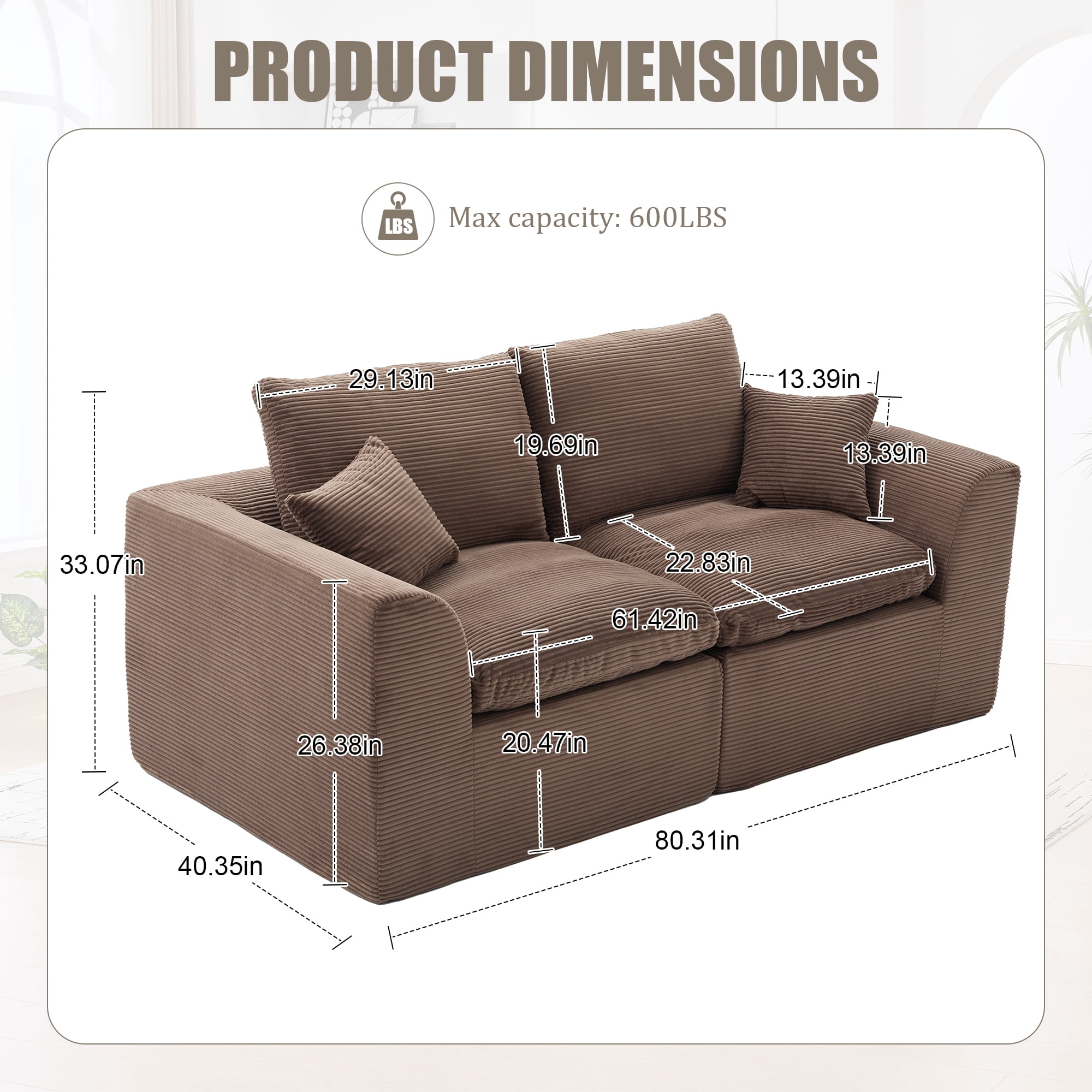 MOONMISS 80.3" Oversized Modular Sofa, Upholstered Corduroy 2 Seat Deep Seat Cloud Couch for Living Room Bedroom, No Assembly Required,Brown