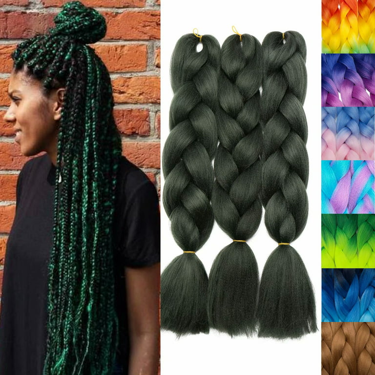 Jumbo Braiding Hair Attachment Ombre color 3pakcs synthetic box braids Hair  Extension 24Inch Crochet Braids (black dark green)