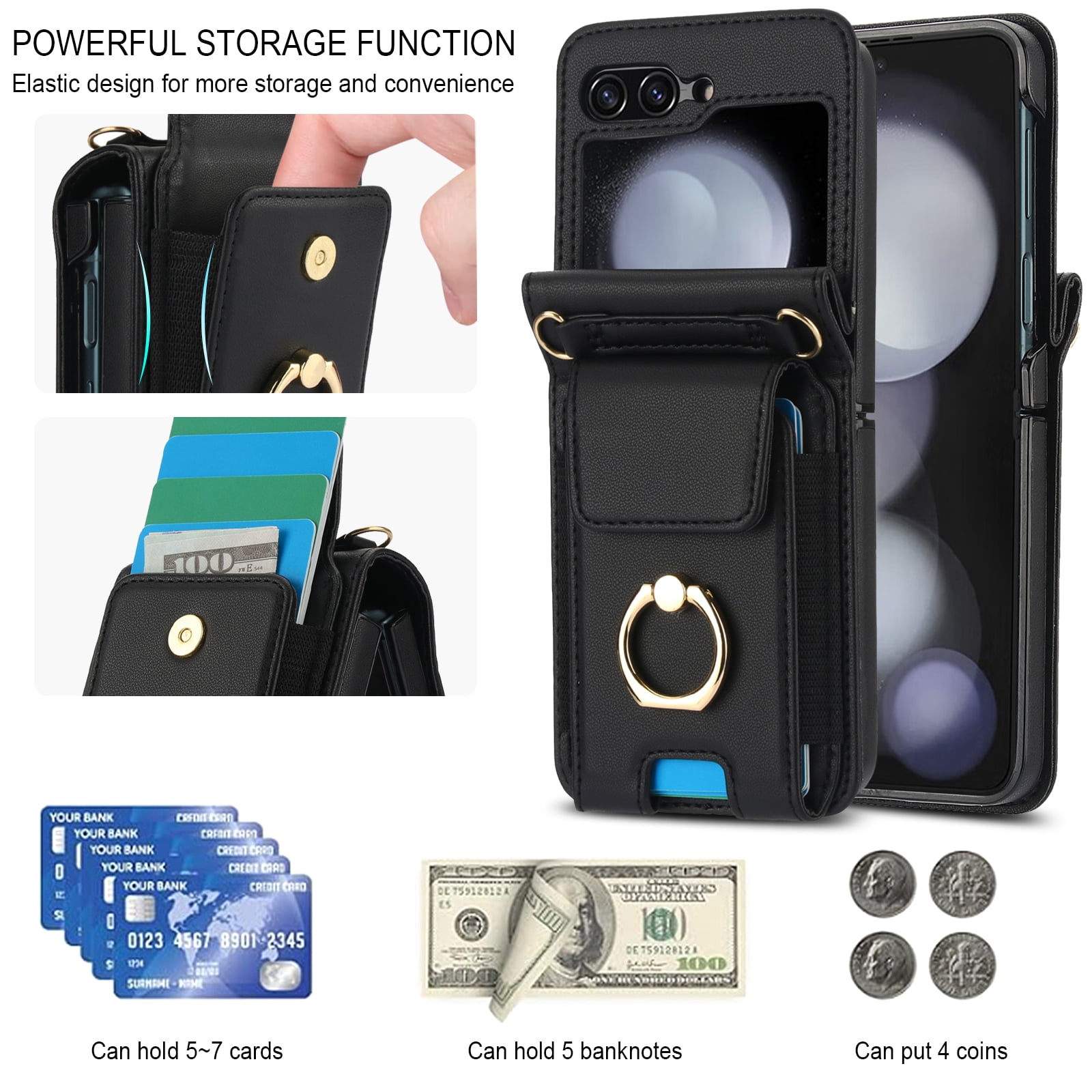for Motorola Razr 60/Razr 2025 Case, Retro PU Leather Shockproof Protection Phone Case Wallet Built in Credit Card Slots Flip Cover Finger Ring Stand with Long Strap + Short Strap, Black