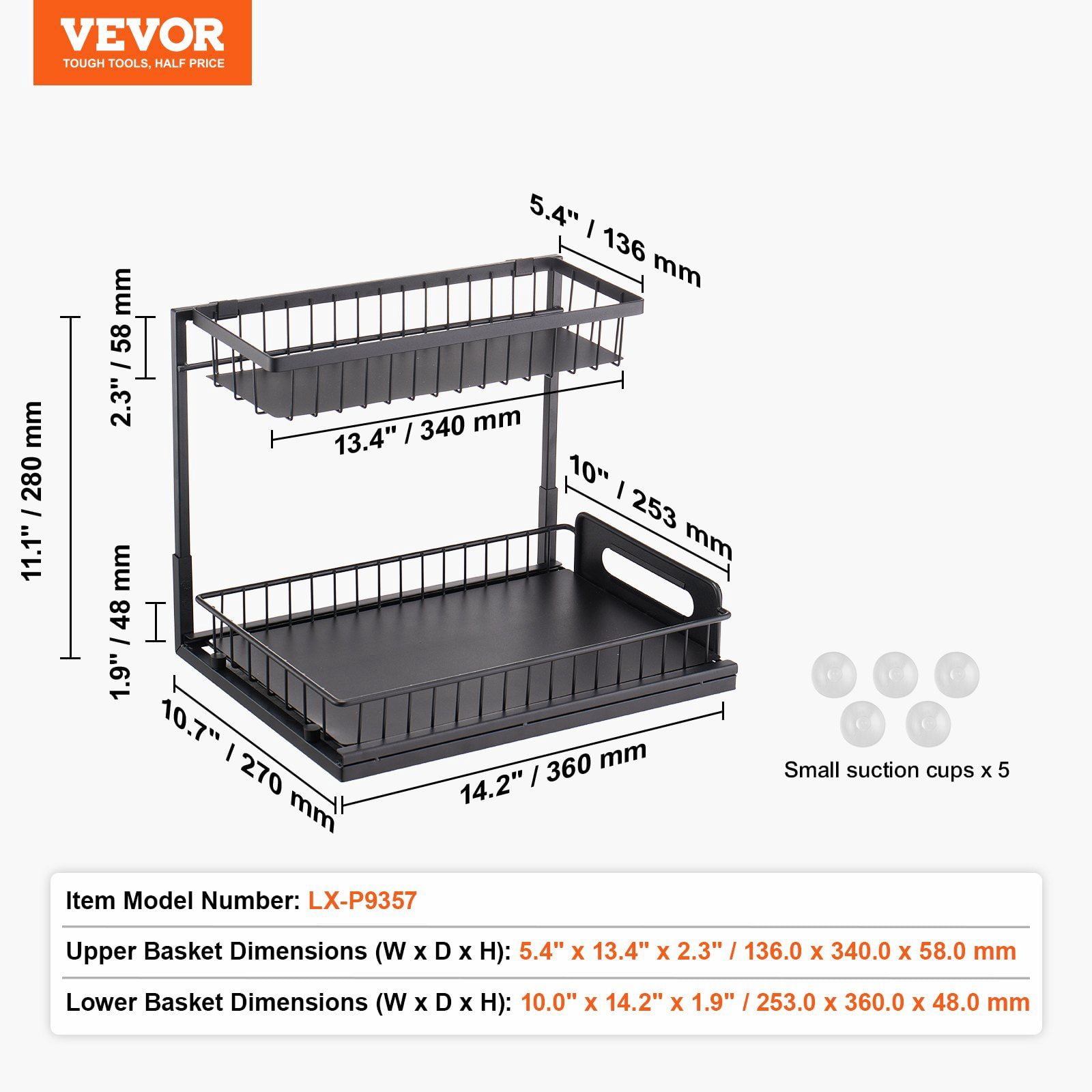 Kitchen Cabinet Organizer with 2-Tier Slide-Out Wire Baskets, 10.7x14.2 Inch Under Sink Storage Drawer – Compact Design