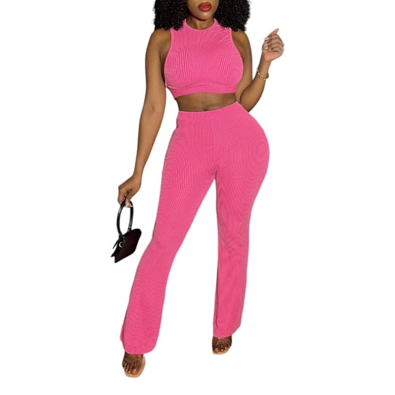 Women’s Neon Pink Ribbed Crop Top Flared Pants Set Sexy Tight Short Top with Wide Leg Pants Fashionable Summer Two-Piece Outfit
