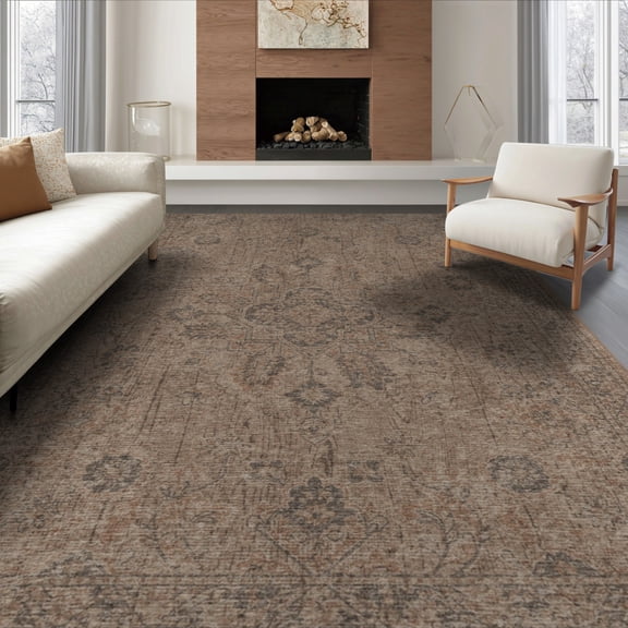 ODIKA 8'x10' Washable Area Rug Non-Slip Chair-Friendly Mat Grain Vintage Farmhouse Earthy Distressed Border Circle Cowboy Flowing Dynamic for Dining Room, Large Office, Lounge