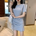 thumbnail image 4 of Women‘s Ruffled Drawstring Slim O Neck Dress Short Sleeve Solid Casual Lace Up Ruffles A-line Dresses Black XL, 4 of 7