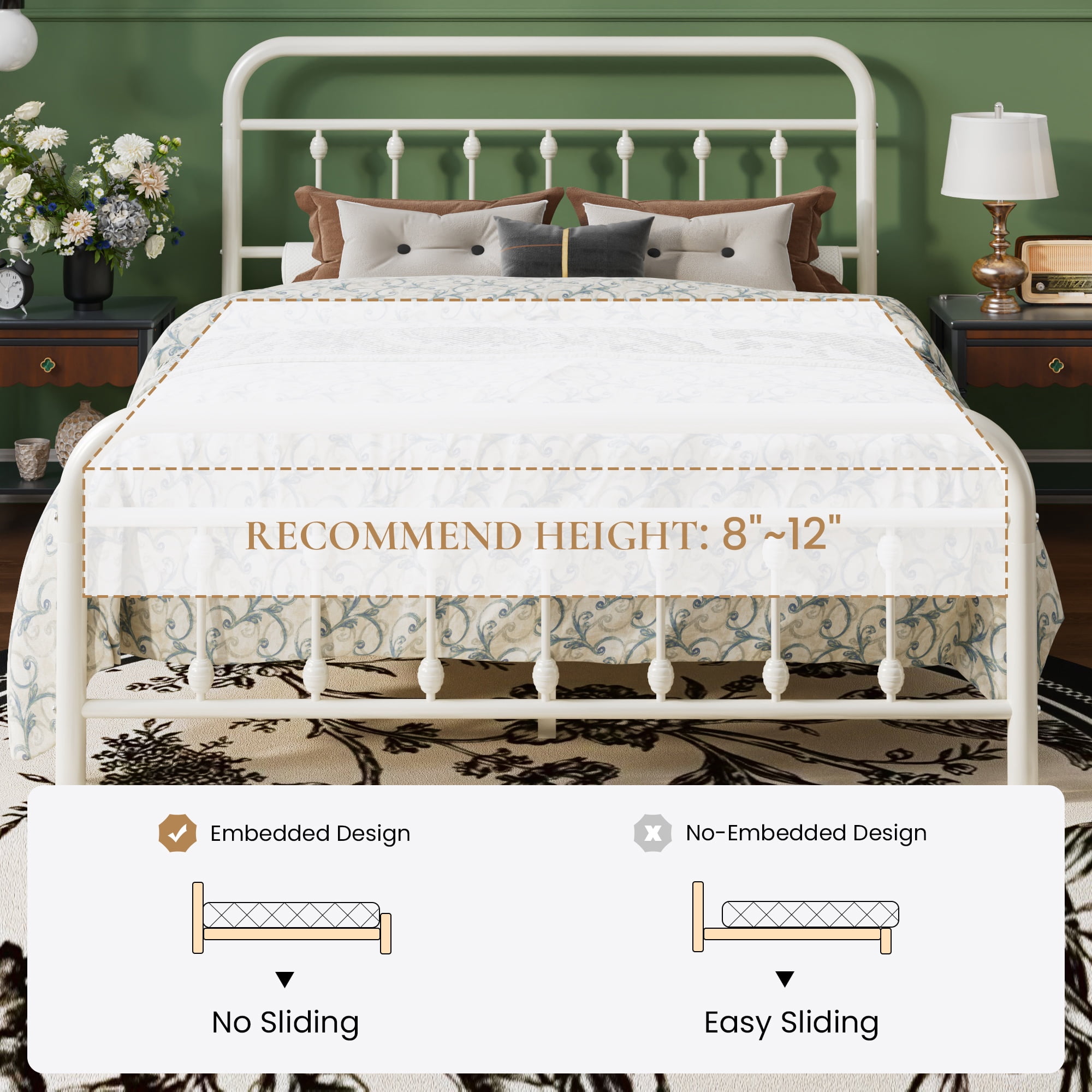 SHA CERLIN Queen Size Metal Platform Bed Frame with Victorian Style Iron-Art Headboard and Footboard, Easy Assembly, Under Bed Storage, No Box Spring Required, Off White
