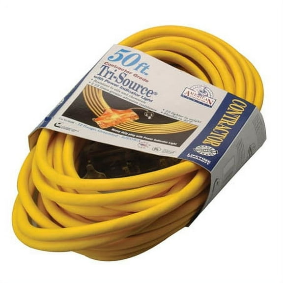 Coleman Cable 03498 12/3 50' Tri-Source Sjeow Yellow Outdoor Vinyl Extension Cord
