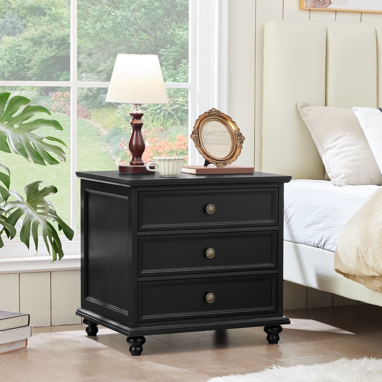 Joaxswe Farmhouse Night Stand, End Table with 3 Drawers & Metal Handle, Black Dresser for Bedroom, Bed Side Table Chest of Drawers Cabine for Living Room,Closet