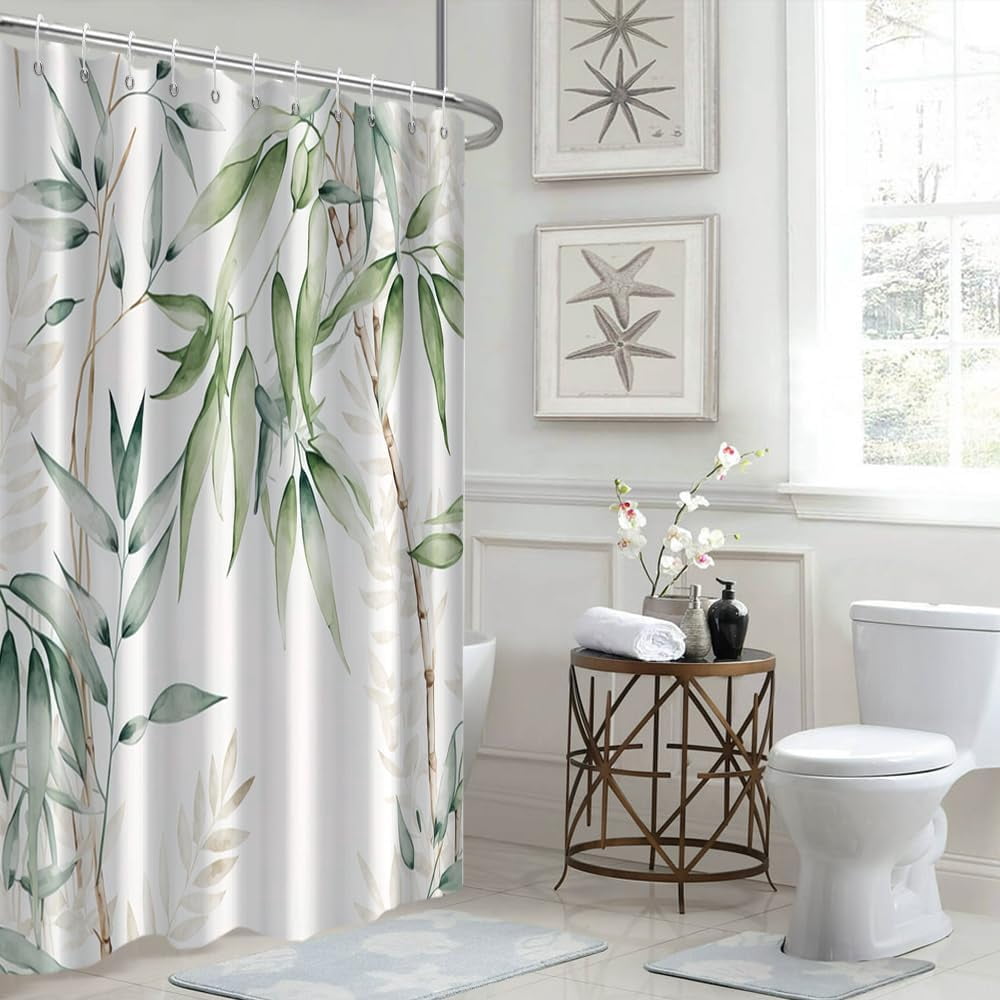 Green Bamboo Shower Curtain, Watercolor Green Leaves Shower Curtain for Bathroom Waterproof Fabric Spring Botanical Shower Curtain Set with Hooks, 72x84 Inch