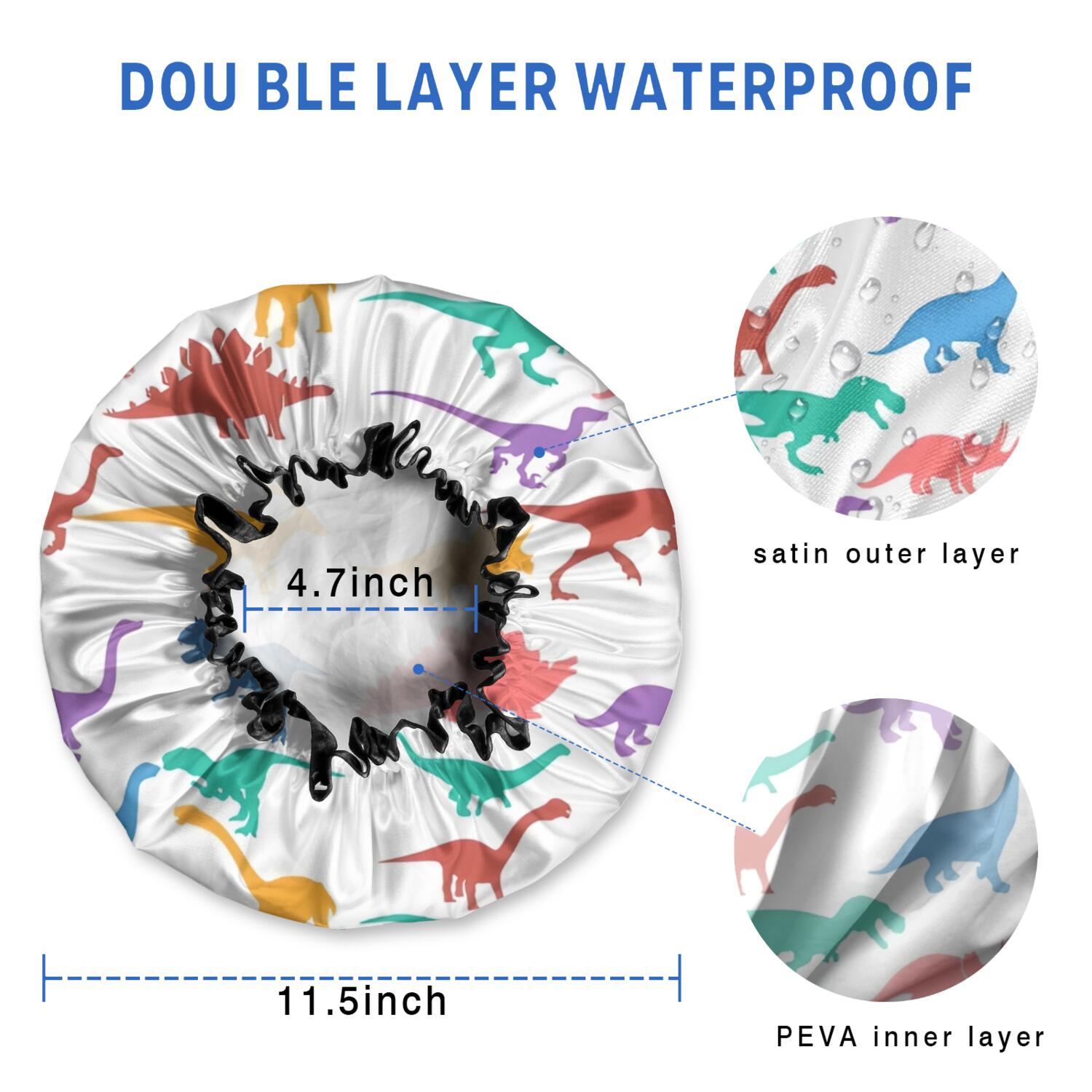 Shower Caps,Colorful Dinosaurs Silhouettes Pattern Waterproof Shower Cap for Women 4 Pieces,Double Reusable Hair Cover for Shower PEVA Elastic Stretch Hem