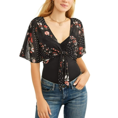 Mesh Kimono - No Boundaries Juniors' Flounce Ruffle Sleeve Kimono & V-Neck Tee 2Fer