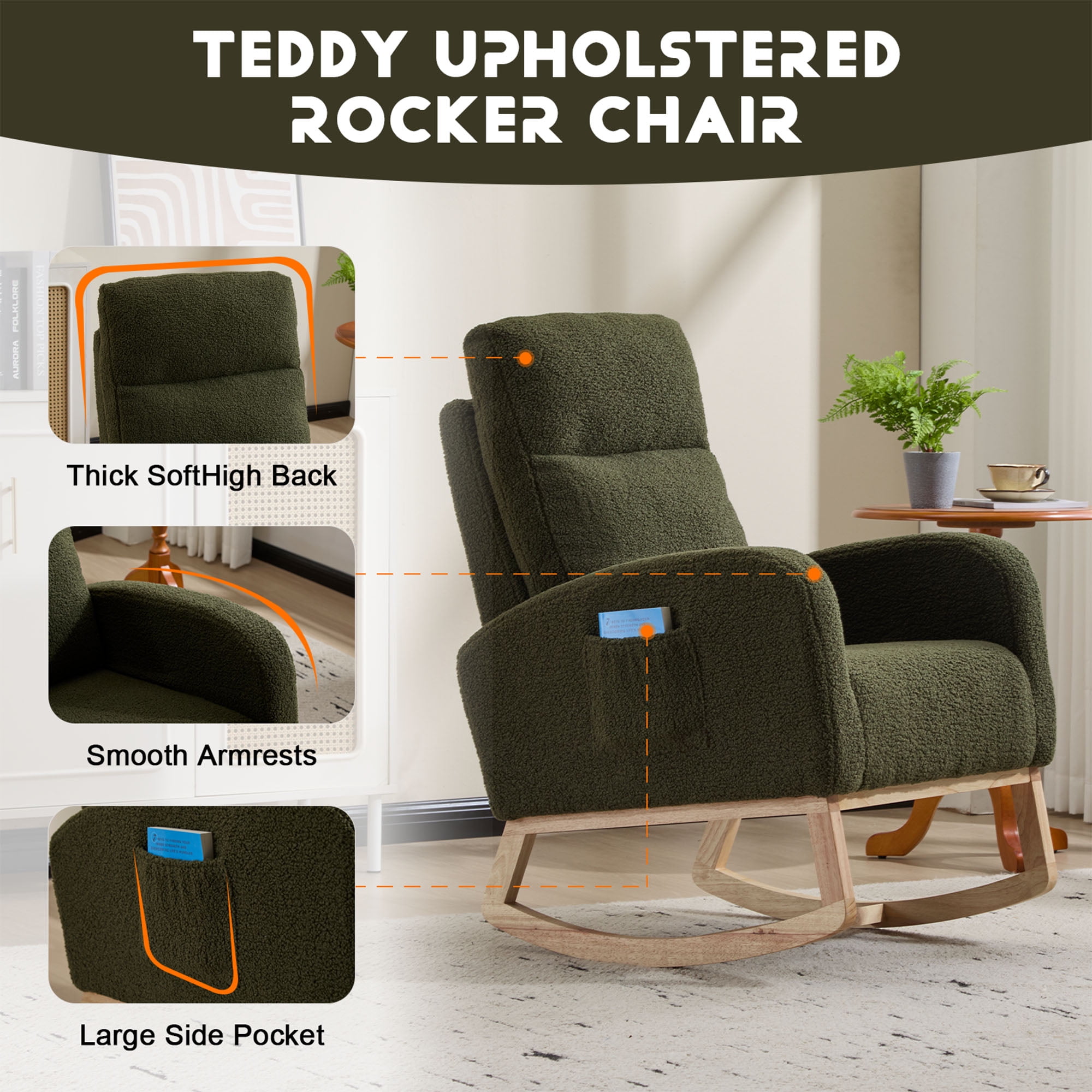 Modern Rocking Chair with High Back & Side Pocket, Nursery Glider Upholstered Armchair, 300 lbs Capacity