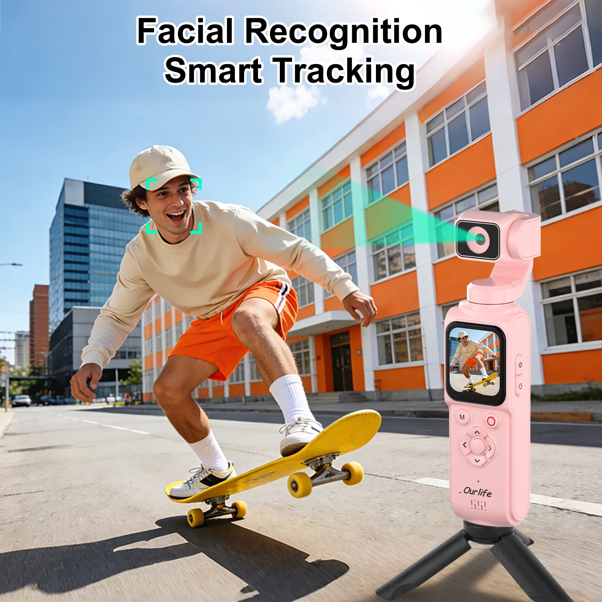 Ourlife 4K Vlogging Camera Pocket Gimbal Camera 1.72" Touch Screen AI Face Tracking 2400mAh Ultra-Long Battery Life Travel  Video Camera for YouTube TikTok Creators Pink