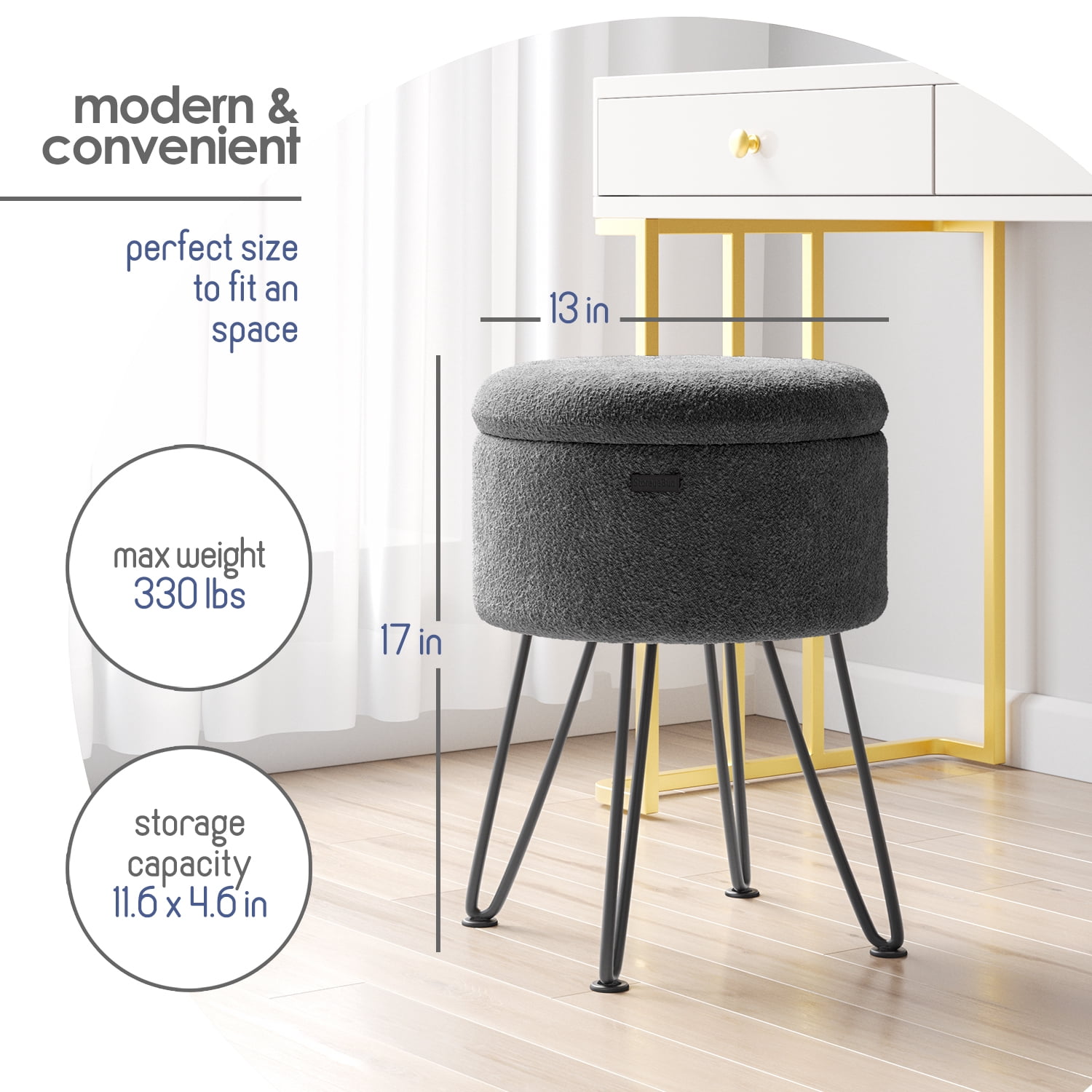 LammaLoe Small Round Ottoman with Storage, Boucle Ottoman Foot Stool with Lid, Upholstered Vanity Stool for Living Room & Bedroom, Grey