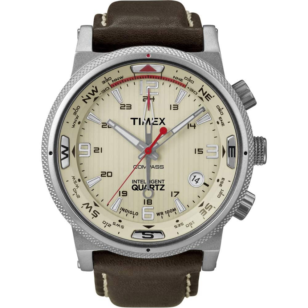 T2N725 Men's Intelligent Quartz Compass Indiglo Natural Dial Brown Leather Strap Watch - Walmart.com