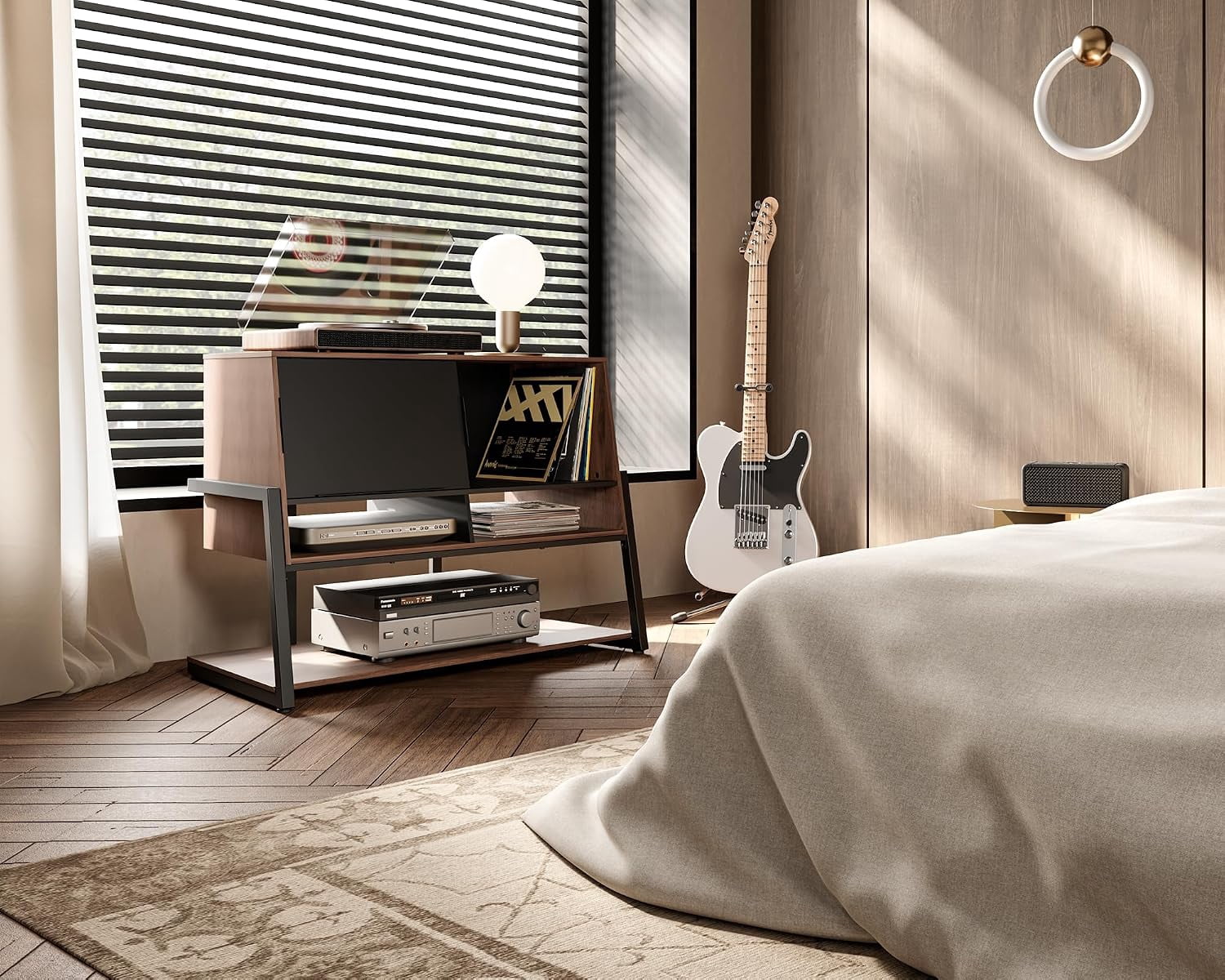 FITUEYES Eiffel Record Player Stand with Vinyl Record Storage, Holds 120 Records, Walnut