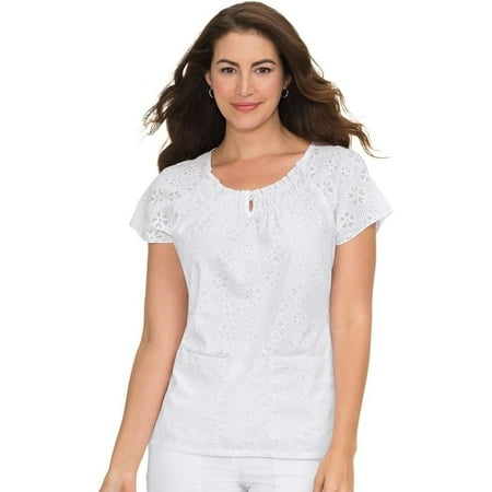 koi Classics Women's Kingsley Round Neck Floral Burnout Solid Scrub Top