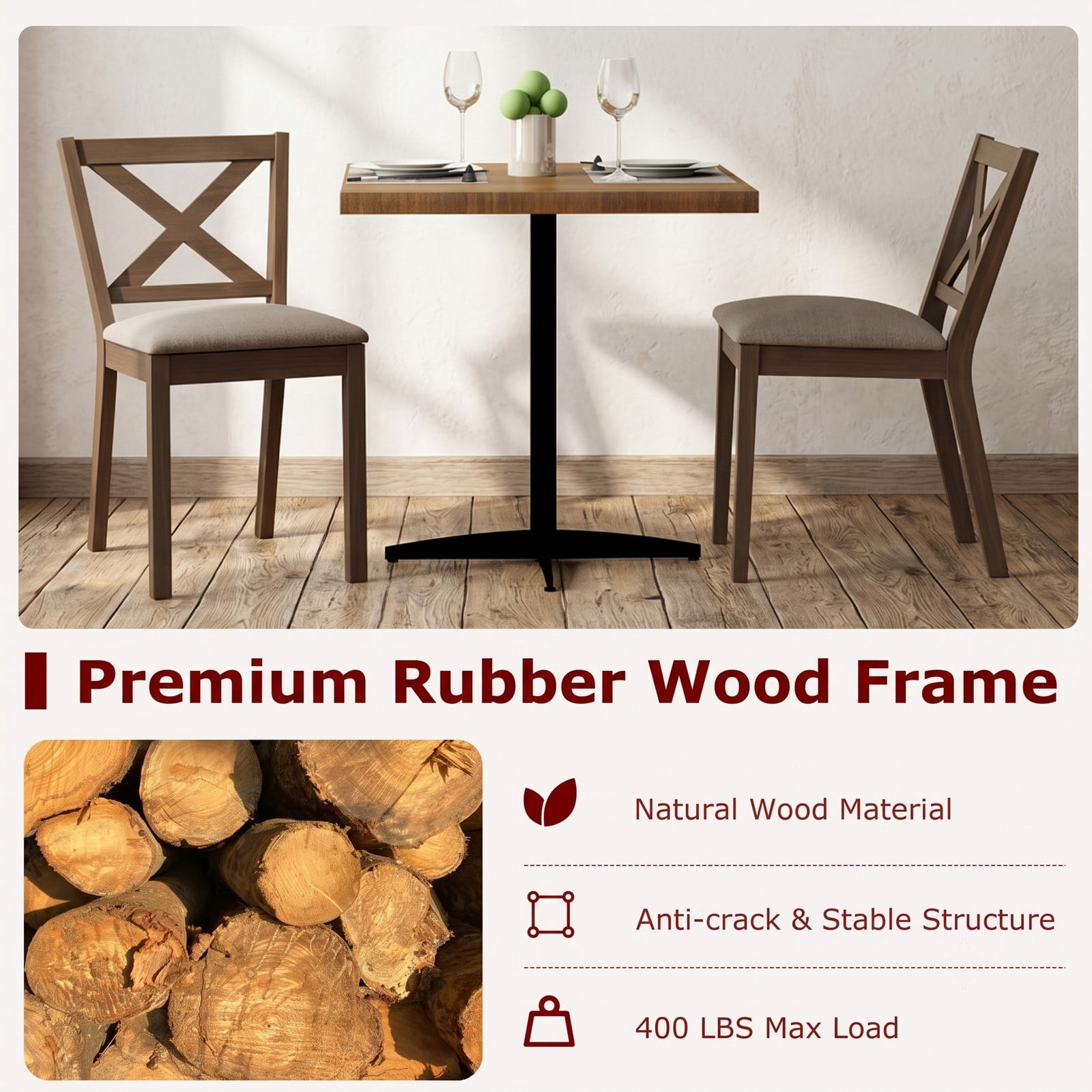 Furnibear Dining Chair Set of 2, Modern Farmhouse Kitchen Chairs with Upholstered Linen Seat, X-Shaped Backrest and Rubber Wood Legs, 400 lb Capacity Side, Brown