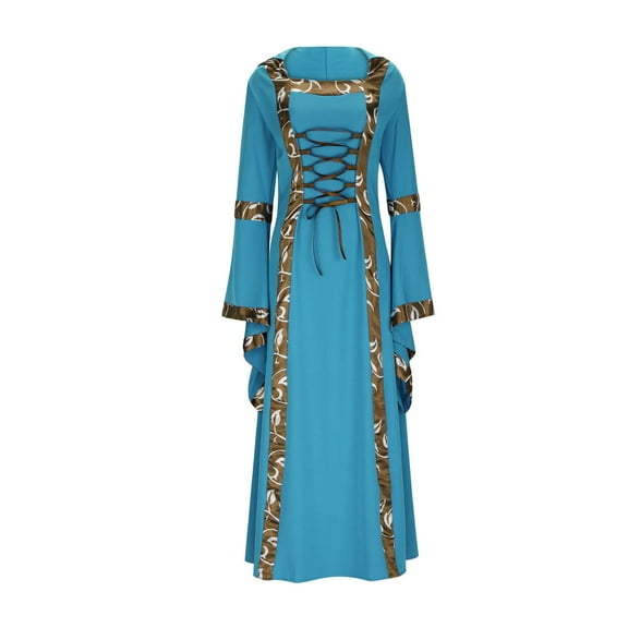 Efsteb Medieval Dress for Women Vintage Renaissance Costumes Gothic Dress Floor Length Halloween Long Dresses (Blue,XL)