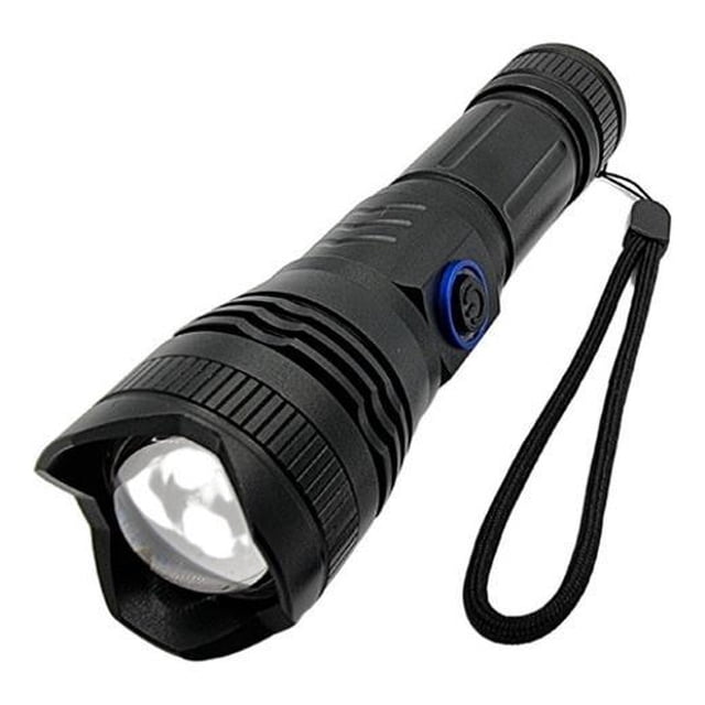 lampara táctica ultra potente led xml t9 10000 lúmenes recargable linterna táctica negra de aluminio con zoom óptico, vista 3/4 frontal; cuerpo cilíndrico con cabeza ancha, botón lateral azul, correa de mano y lente reflectora visible; incluye batería recargable y accesorios; también suele usarse para guardar y transportar herramientas pequeñas o equipo de camping.