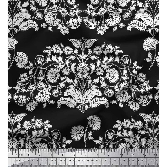 Soimoi Silk Fabric Leaves & Floral Block Print Fabric by Yard 42 Inch Wide