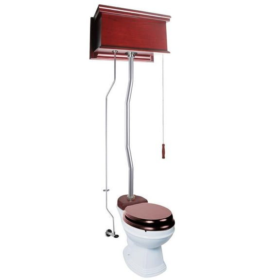 High Tank Pull Chain Toilet Wooden Tank 1.6 GPF Round Top Entry White Porcelain Renovator's Supply